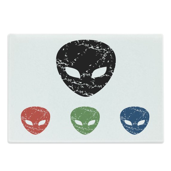 Outer Space Cutting Board, Grunge Illustration of a Surreal Alien Head with Motley Effects Threat Forms, Decorative Tempered Glass Cutting and Serving Board, Large Size, Red Green, by Ambesonne