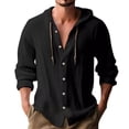 thumbnail image 1 of Camisa de lino con botones y capucha para hombre: manga larga, lengüetas para remangar, botones de madera, ropa de playa/casual, tallas S-XXXL, 1 of 8