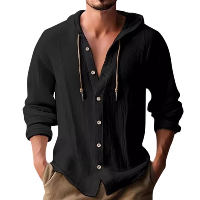 Camisa de lino con botones y capucha para hombre: manga larga, lengüetas para remangar, botones de madera, ropa de playa/casual, tallas S-XXXL
