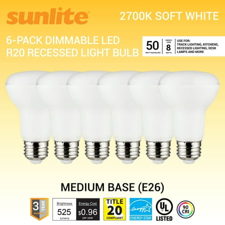 

Sunlite LED 90 CRI R20 Recessed Light Bulb 8 Watts (50W Equivalent) Medium E26 Base Dimmable UL Listed 2700K Soft White 6-Pack