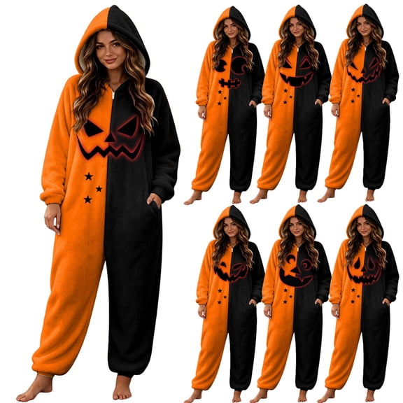 Halloween Onesie Adult Pumpkin Hooded Long Sleeve Flannel One Piece Jumpsuit, Oversized Loose Sleepwear Loungewear Outfit for Halloween Party