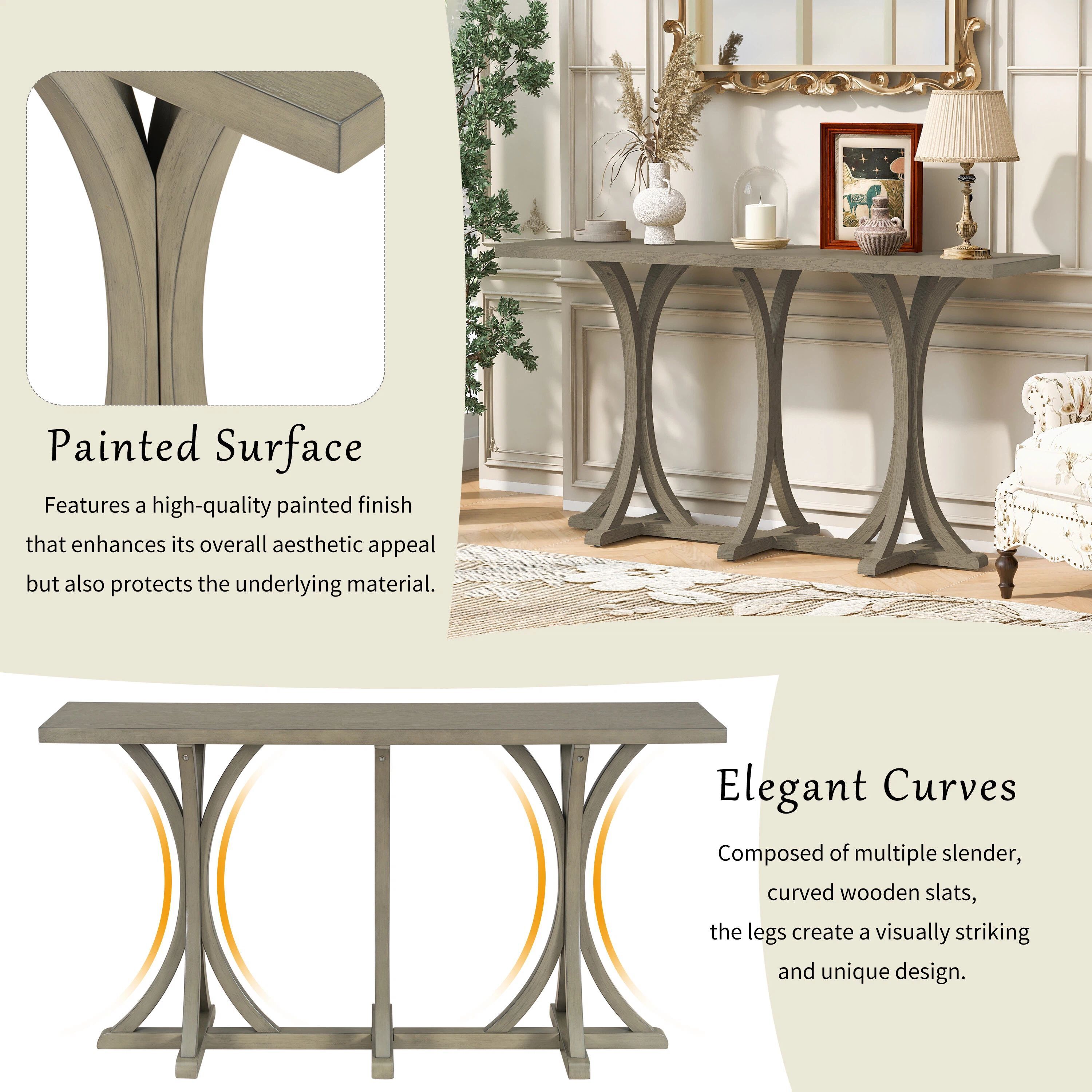 Euroco 59.8" Long Console Table, Farmhouse Entryway Table with Slender Curved Legs, Narrow Sofa Table Behind Couch for Living Room, Hallway,Foyer,Gray