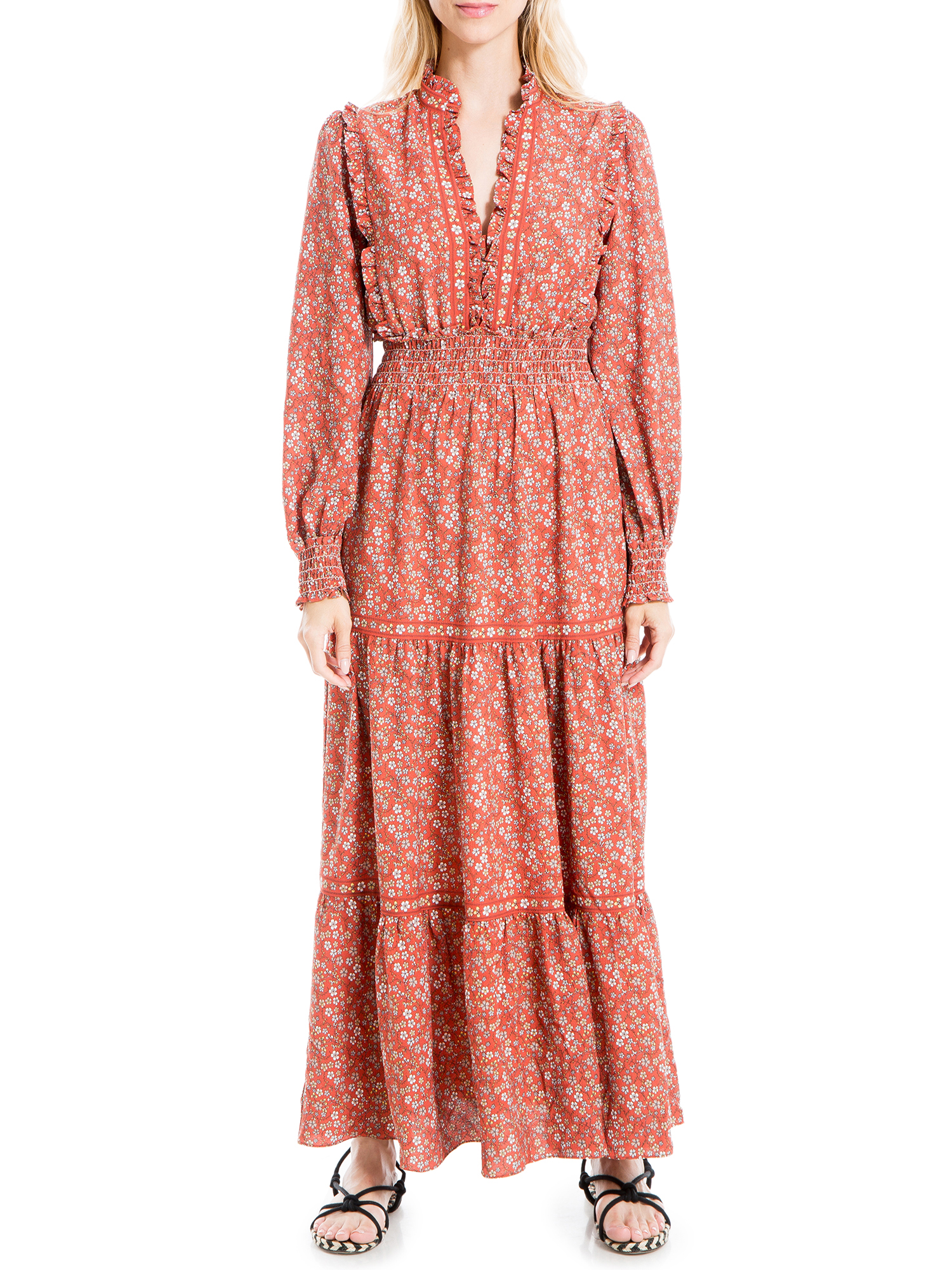 Max Studio Women's Crepe Long Sleeve Smocked Cuff Tiered Maxi Dress -  Walmart.com