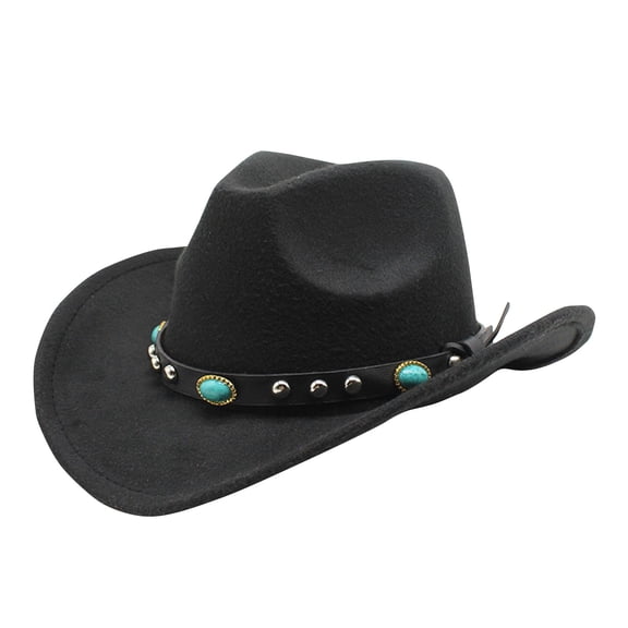 Unisex Western Cowboy Hat with Turquoise Bead Band, Classic Wide Brim Faux Wool Felt Fedora Hat for Costume Party and Outdoor Daily Wear,Black