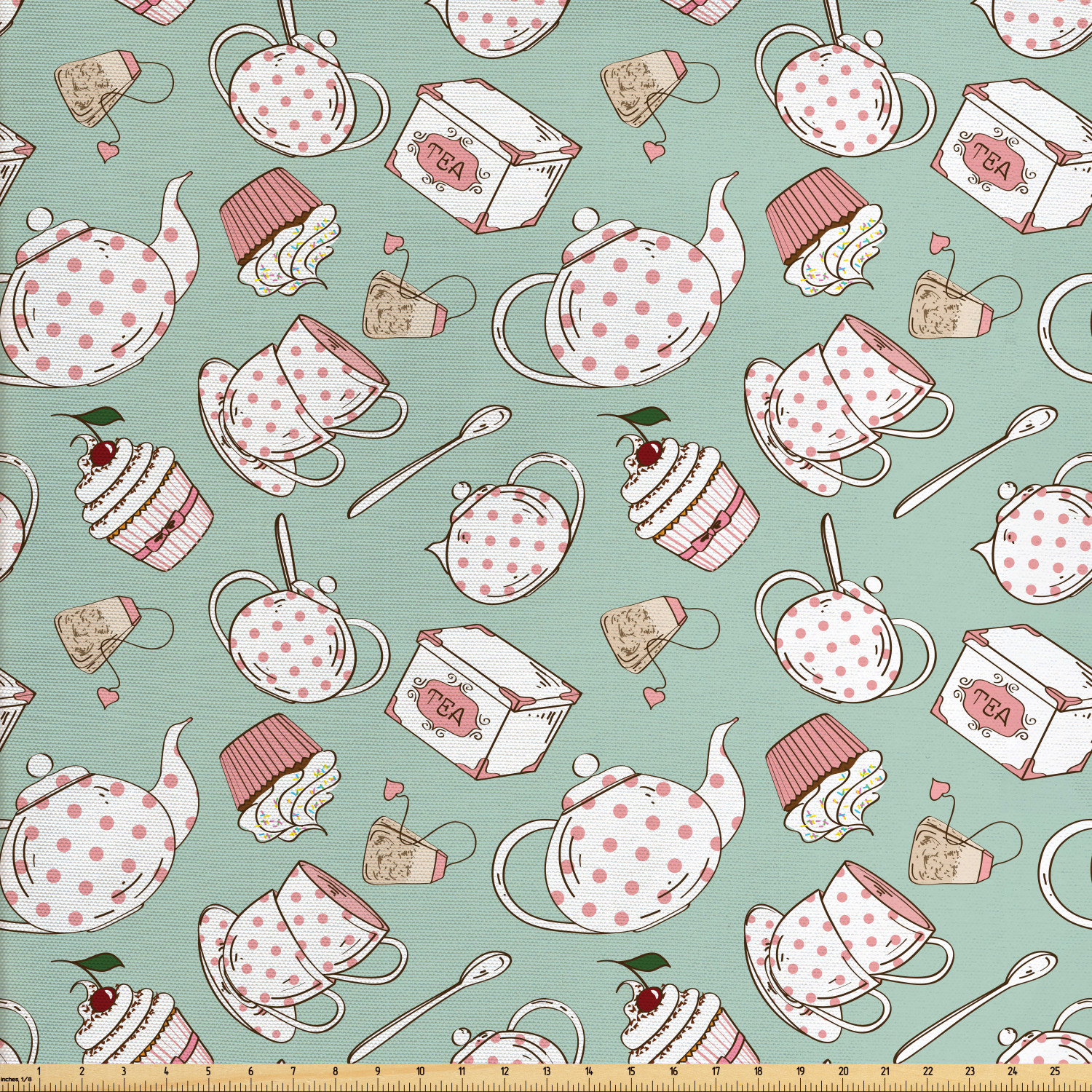 Tea Party Fabric by The Yard, Polka Dots on Teapots and Cups Cupcake