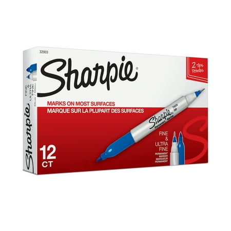 Sharpie Twin-Tip Permanent Marker, Fine/Ultra Fine Point, Blue, Dozen