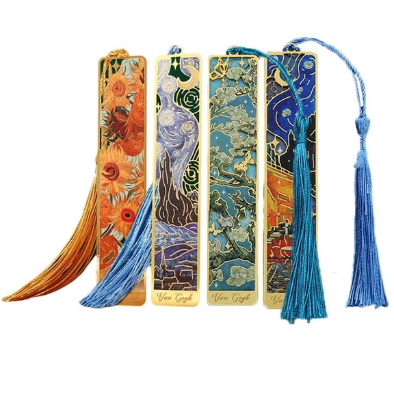 4pcs Metal Bookmarks with Tassel,Hollow Flower Bookmarks Oil Painting Theme Book Mark Pretty Bookmarks for Book Lovers Writers Readers