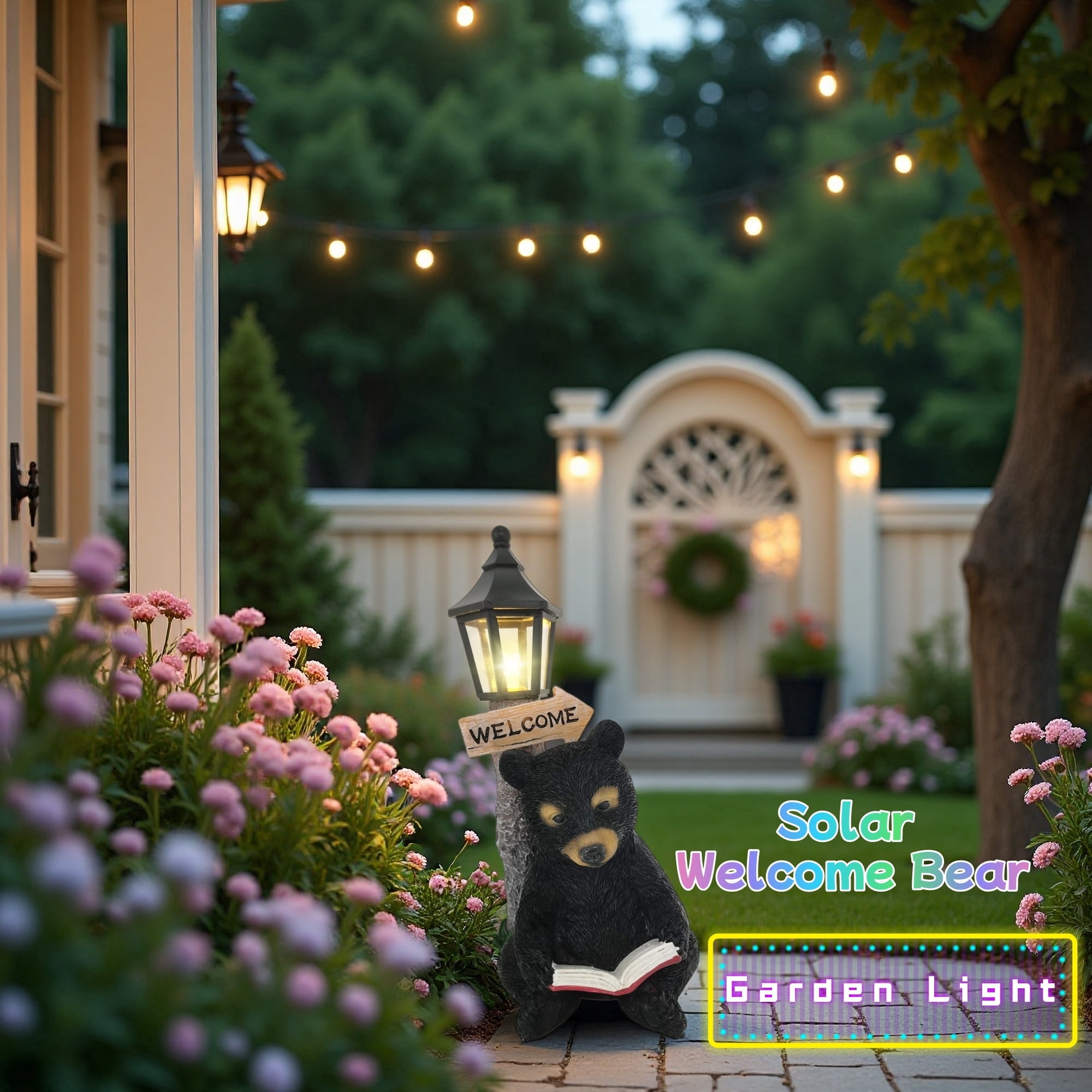 Outdoor Decor Bear Statues with Welcome Sign, Resin Bear Sculpture for Yard Patio Porch, Solar Animal Figurine Light Garden Decoration