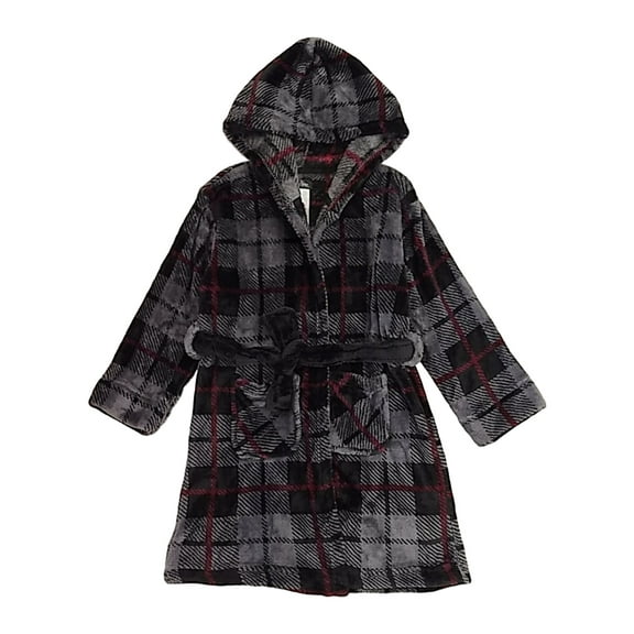 Boys Plush Black & Gray Plaid Hoodie Bathrobe Hooded House Coat Small 4-6