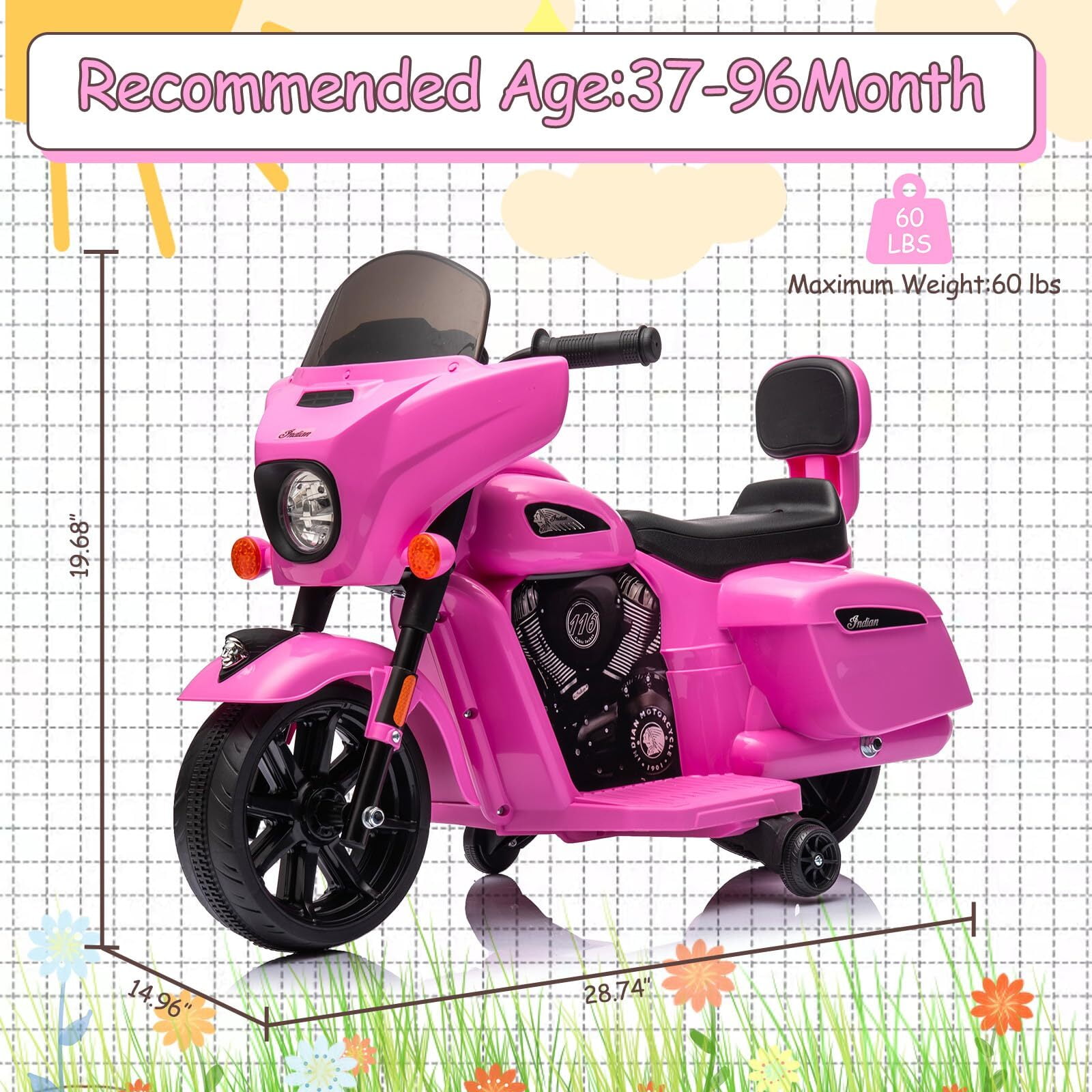 Kids Ride On Motorcycle, Licensed Indian 6V Ride on Toy Electric Motorcycle with USB, AUX，Music and Headlight for Toddler Boys and Girls