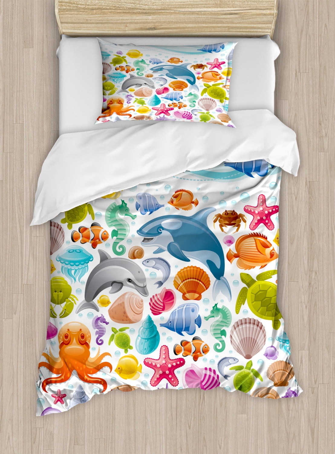 Tropical Animals Duvet Cover Set, Diving Sea Animals Pattern with