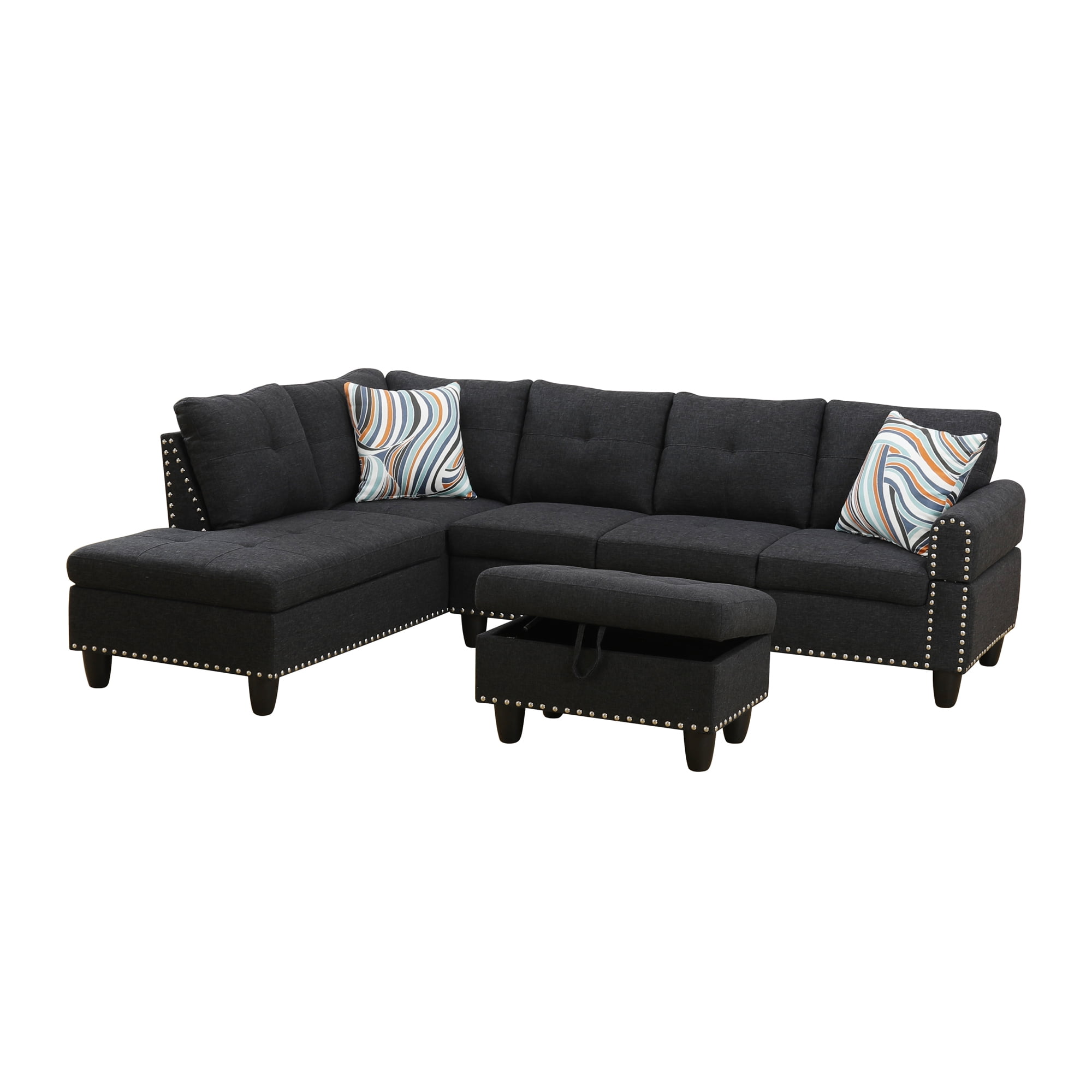 Howcool 98" Sectional Sofa, L-Shaped Couch with Storage Ottoman & Left-Facing Chaise, Linen Fabric Modular Sectional Sofa for Living Room, Apartment & Small Space, Black Gray