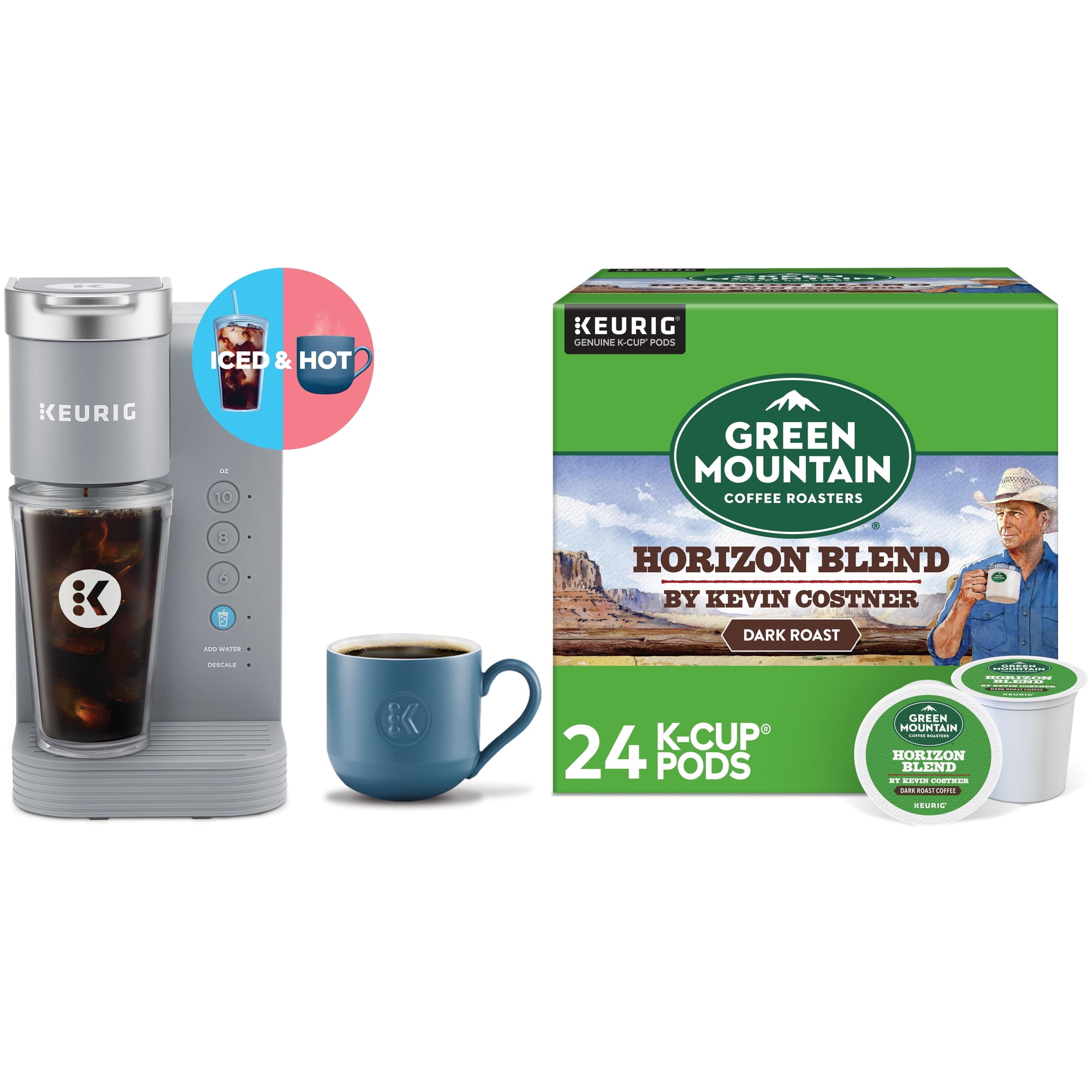 Keurig K-Iced Essentials Gray Iced and Hot Single-Serve K-Cup Pod Coffee Maker with Green Mountain Horizon Blend Coffee Pods, 24 Count
