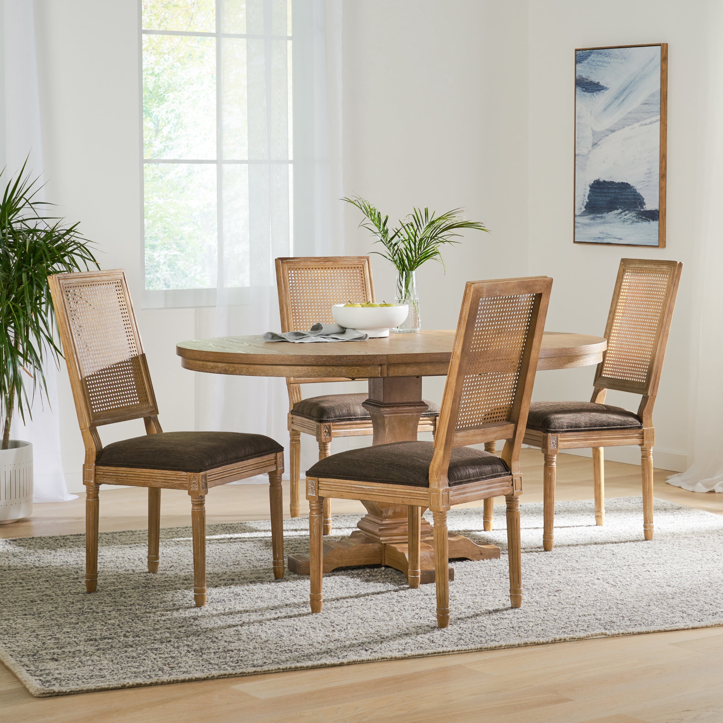 Noble House Beckstrom Wood and Cane 5-Piece Expandable Oval Dining Set, Brown and Natural