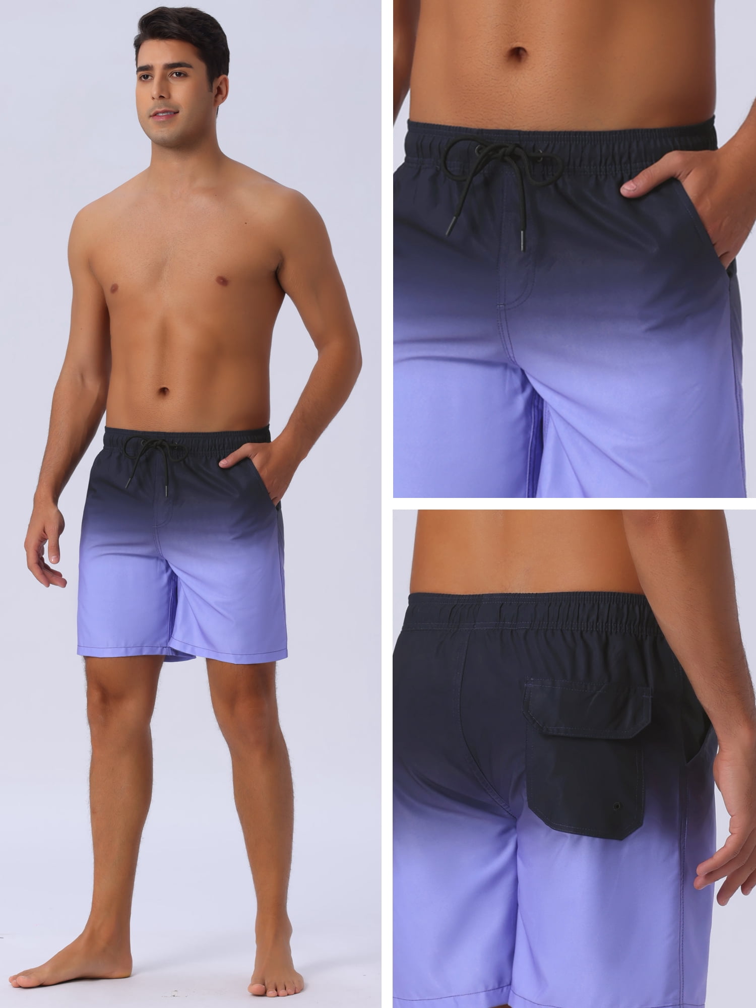 DARING DIVA Men's Gradient Color Drawstring Elastic Waist Lining Swimming Trunks 30 Purple