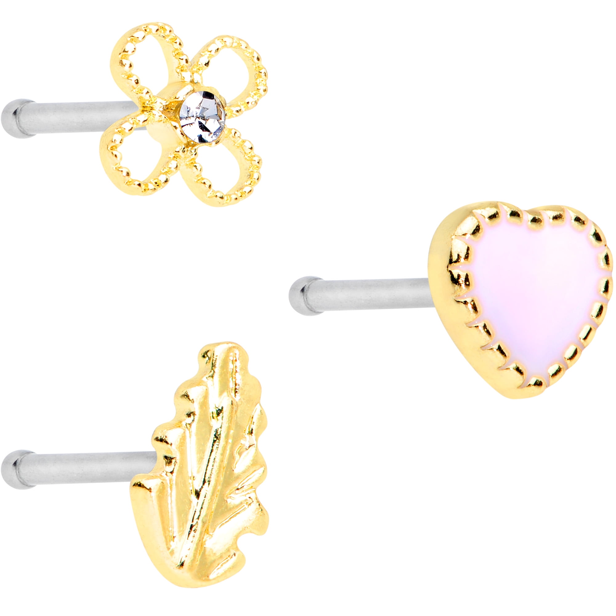Body Candy Womens 3Pc 20G Nose Bone 316L Steel Flower Heart Nose Ring