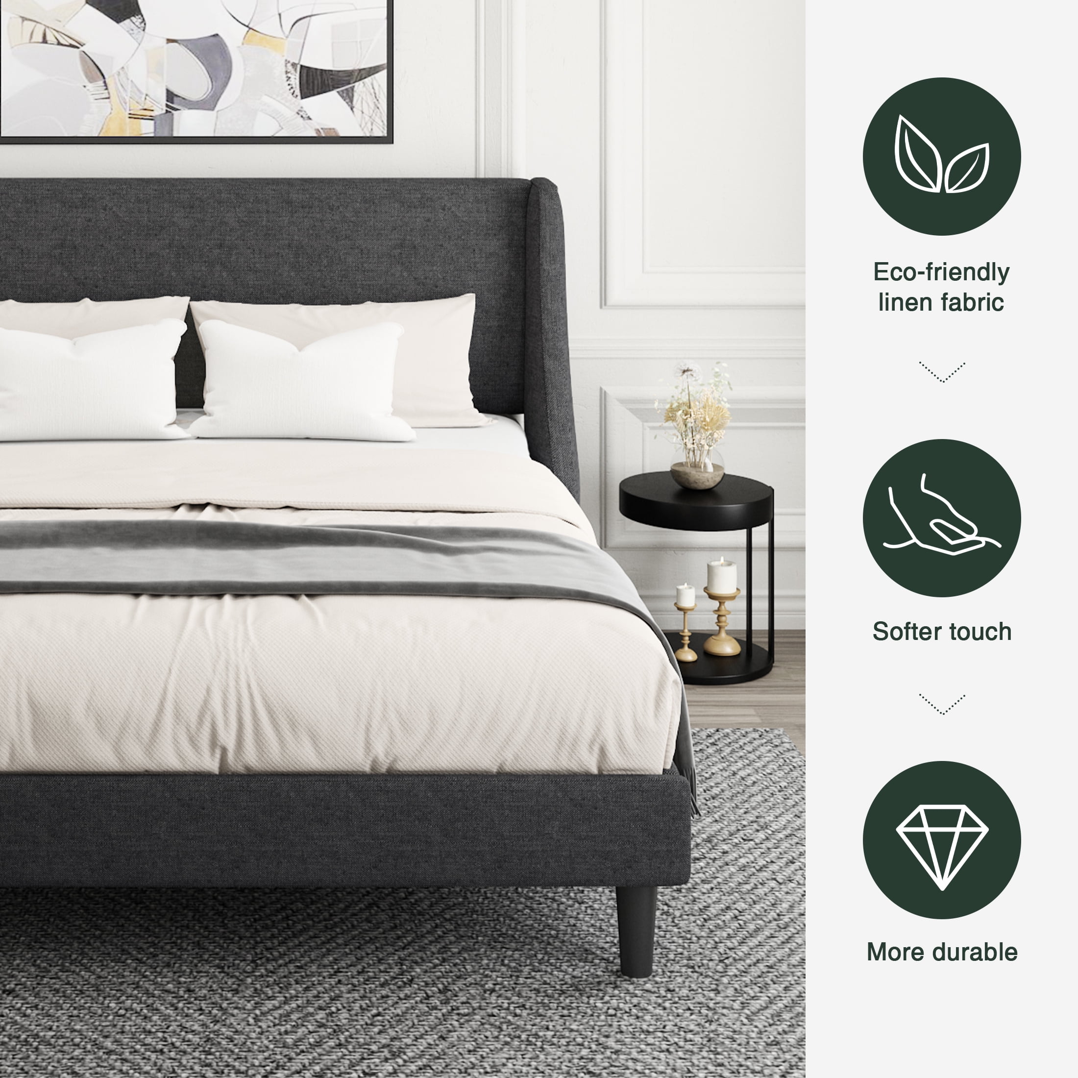Amolife Queen Size Modern Platform Upholstered Bed Frame with Deluxe Wingback, Deep Grey