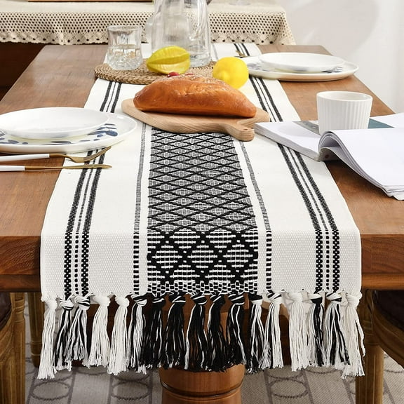 Woven Table Runner Modern Farmhouse Style Table Runner, Black and White Table Runners 90 Inches Long with Tassels for Bohemian Party Dresser Vintage Home Farmhouse Dining Table Decor