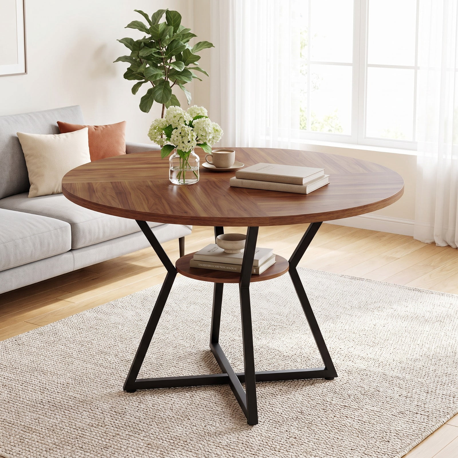 Furnibear 47 Inch Round Dining Table for 4 with Bottom Storage Shelf and Metal Frame