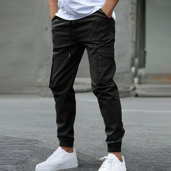 Abomasnow Men's Cargo Pants Trendy Elastic Waist Drawstring Flap Pockets Tapered Pants for Joggers Hiking Athletic on Clearance