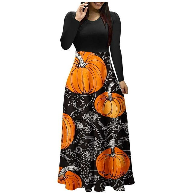 Enjoytime Robes Décontractées pour Femmes Patchwork Imprimé Manches Longues Col Rond Longue Robe Maxi Vintage Robe de Dîner Costumes d'Halloween Noir m