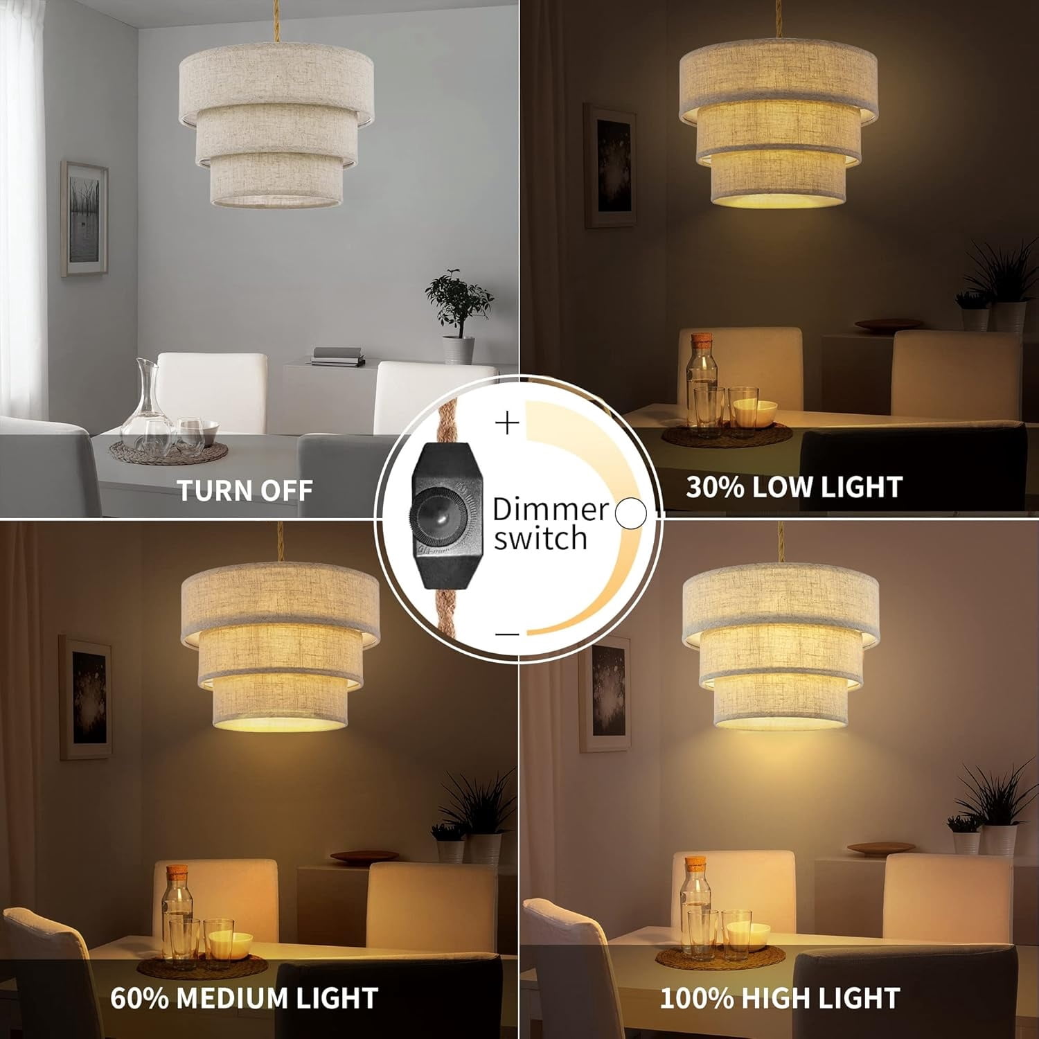 3-Tier Drum Linen Plug in Pendant Light with15ft Hemp Rope Cord E26 Dimmer Switch Hanging Lights Fixture Plug in Chandelier for Kitchen Island Dining Room Entryway Hallway-1Pack