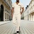 thumbnail image 2 of BLTIBY Mens Summer 2 Piece Outfits Waffle Short Sleeve V-neck Shirts and Drawstring Pants Casual Loose Beach Loungewear with Pockets Khaki 3XL, 2 of 5