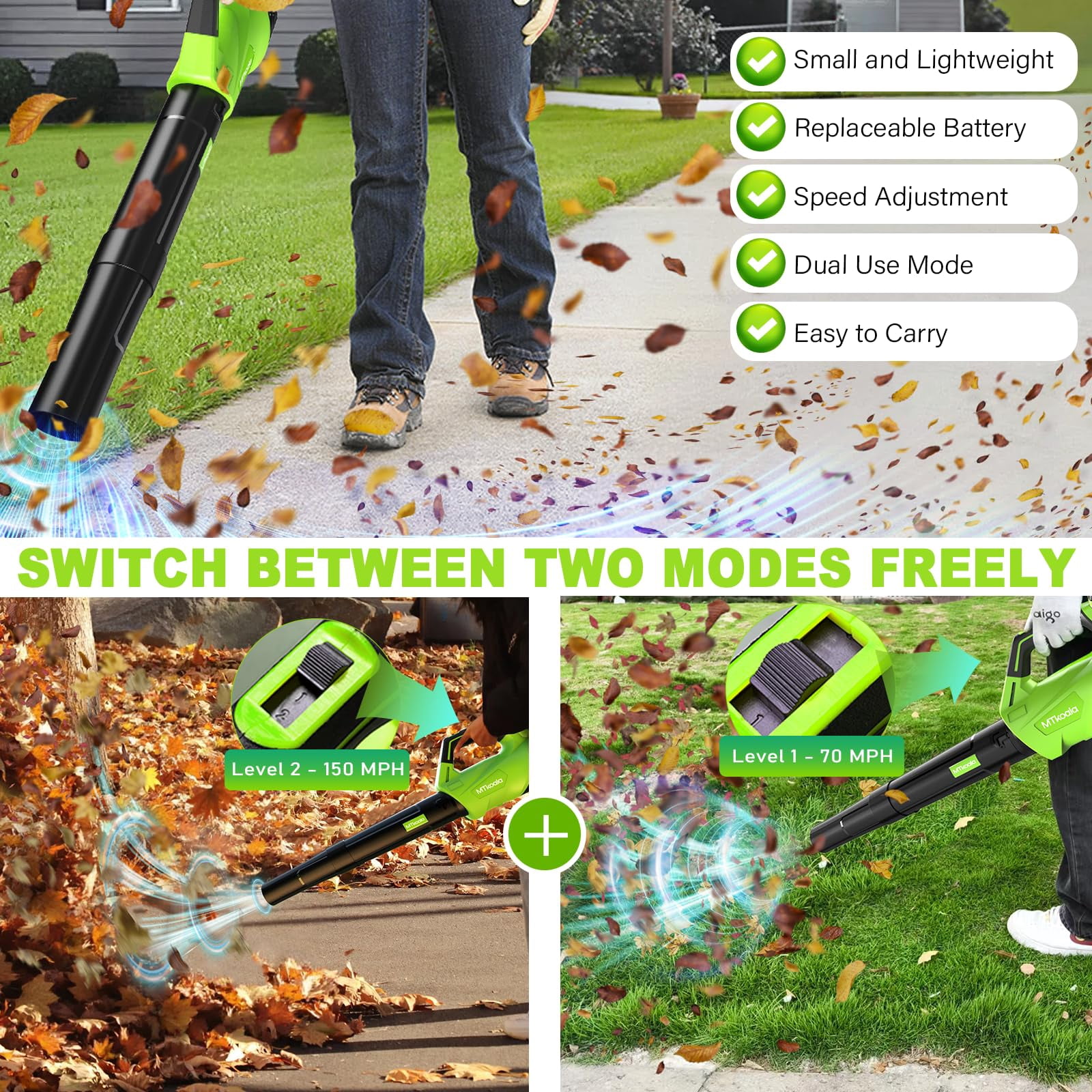 Cordless Leaf Blower, 2 * 20V 2.6AH Batteries and Fast Charger, Electric Leaf Blowers Up to 450CFM &150MPH, 2 Speed Mode, Lightweight for Lawn,Yard, Leaves, Dust Care (GREEN)