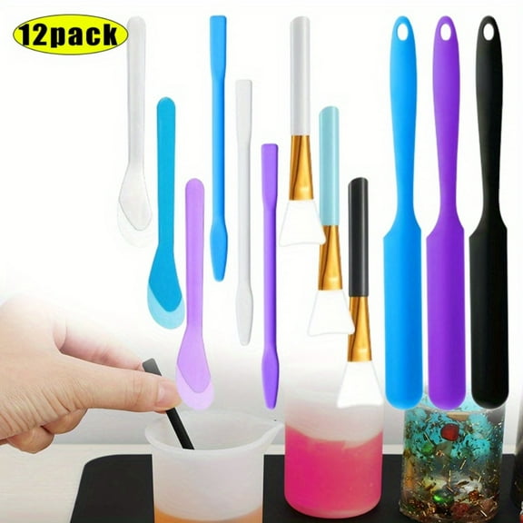 12 Pcs Silicone Stir Sticks Kit, Silicone Epoxy Brushes, Stir Tool Sticks, Mixing Spoon, Scraper DIY Crafts Tools for Resin Epoxy Liquid Paint