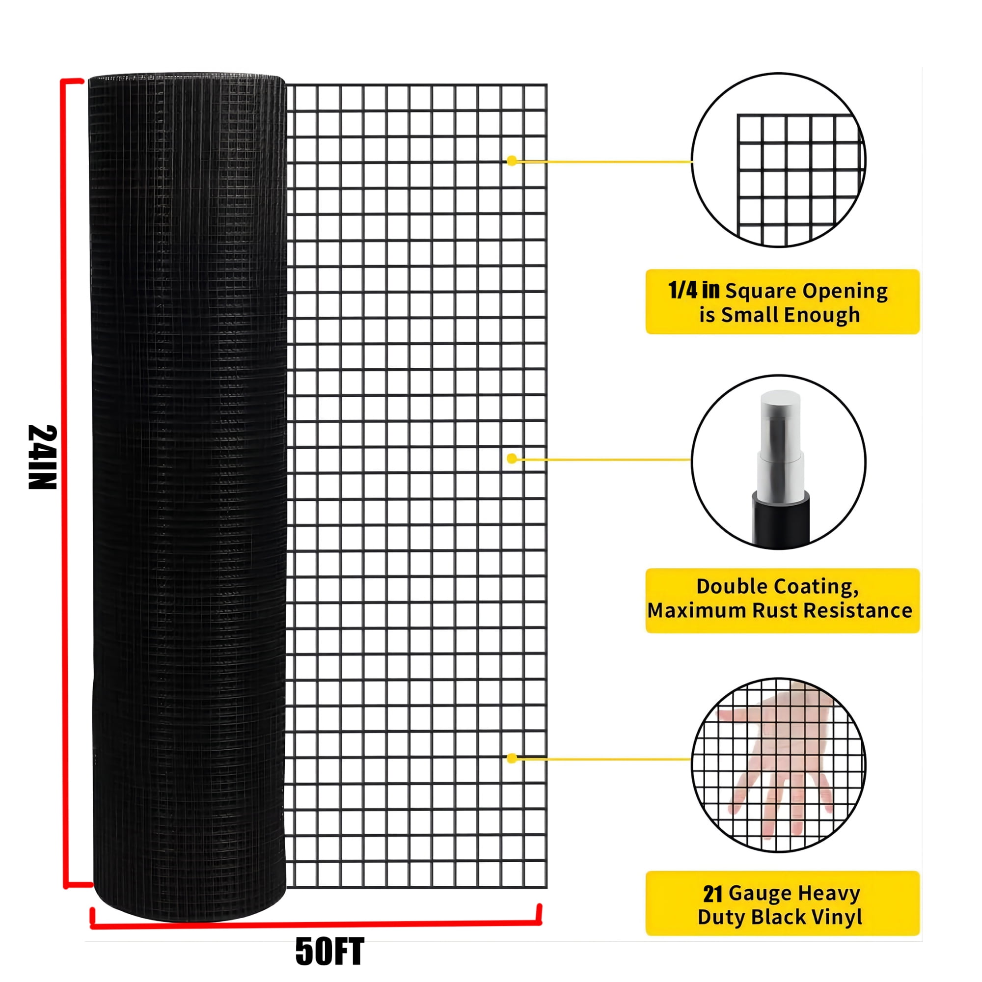 Leumius Hardware Cloth,24 inch×50 ft Black PVC Hardware Cloth,21 Gauge 1/4 inch Welded Wire for Poultry-Netting Cage,Home Improvement,Chicken Coop
