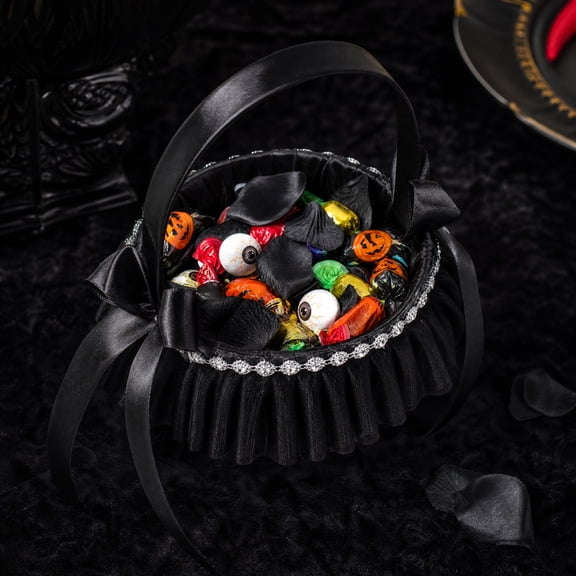 Halloween Black Rose Decorative Candy Basket, Festive Pumpkin Bow Candy Storage Holder Basket, Gothic Tabletop Candy Bowl Basket Accessories for Halloween Autumn Thanksgiving Party Decor