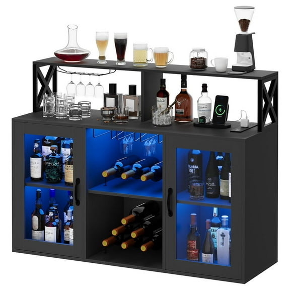 Towallmark Bar Cabinet with Power Outlets, Liquor Cabinet with LED Lights Glass Holder, Storage Buffet Coffee Bar for Wine Liquor, Cabinet with Racks for Kitchen Living Dining Room
