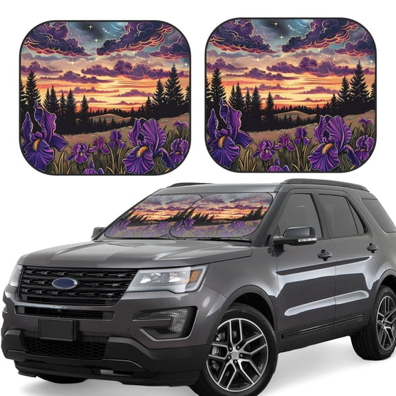 Gukieu Starry Night Purple Irises Print Car Windshield Sun Visor, Foldable Anti-UV Car Sun Visor Suitable for Vans, Trucks Car Accessories-Large