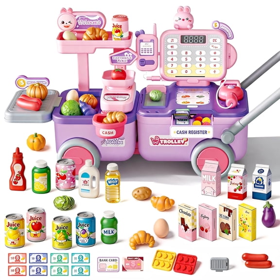 Caunedy Play Cash Register Toy,Pretend Play Calculator Register Cart Toys with Calculator,Scanner,Birthday Gift for 3-8 Years