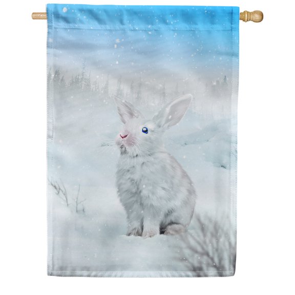America Forever Winter Rabbit House Flag Double Sided Vertical 28 x 40 inches for Outdoor, Yard, Porch Happy Holidays Snow Snowfall Snowflakes Winter Bunny Décor