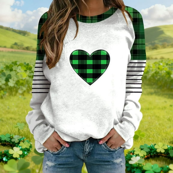 Nfurl St Patricks Day Shirts Women Plus Size Long Sleeve Crewneck Heart Shamrock Graphic Tee Funny Irish Shamrock St Patty's Day Tshirts White XXXXL