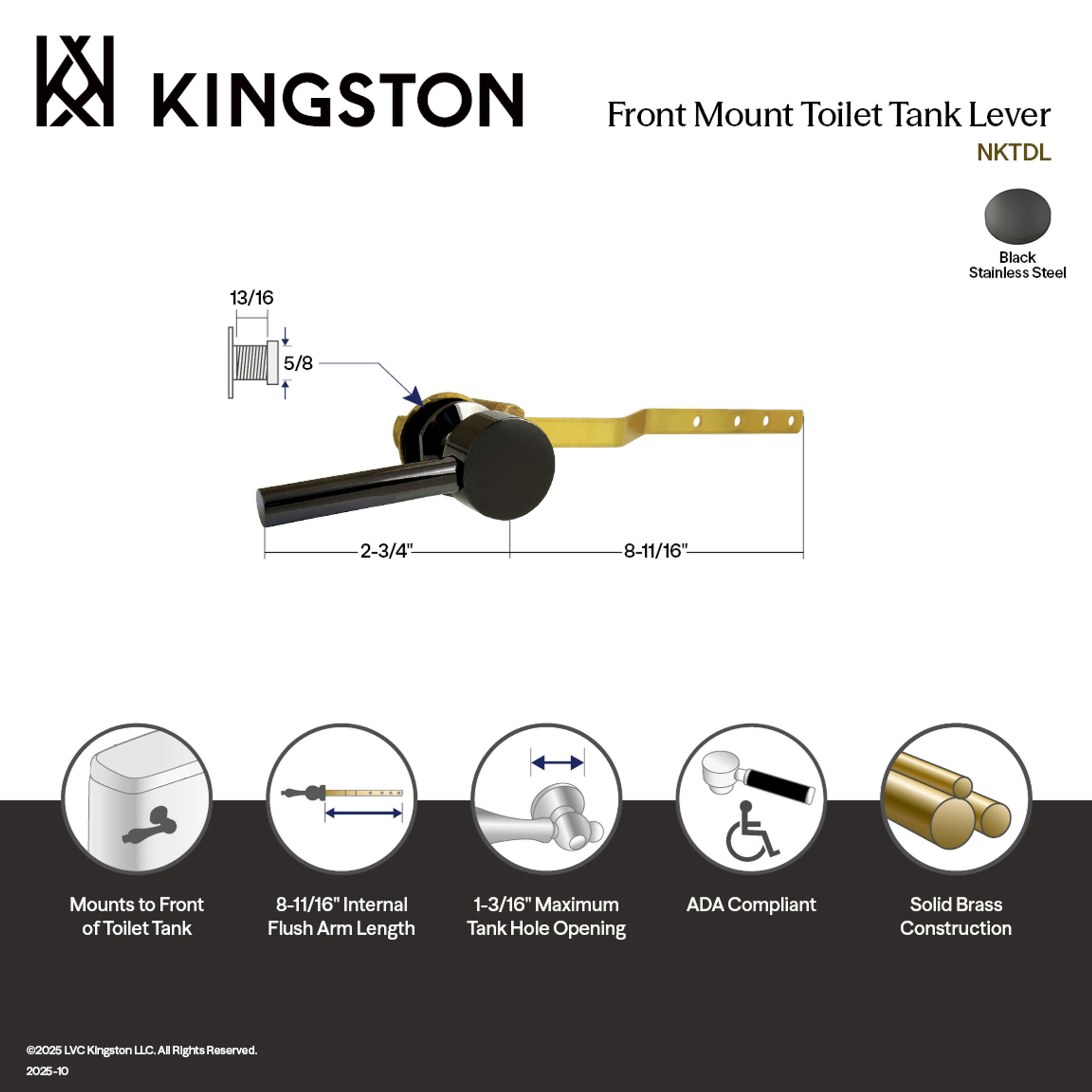 Kingston Brass NKTDL Front Mount Toilet Tank Lever, Left/Right Installation in Black Stainless Steel