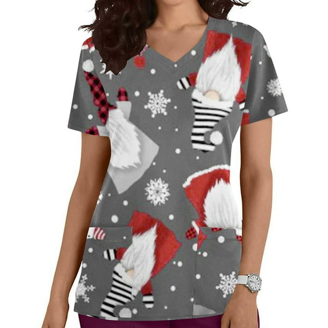 Blouses Habillées pour Femmes Mode Manches Courtes Col en V Hauts Uniforme de Travail Imprimé Poche Blouse Hauts Blouses pour Femmes Habillées en Liquidation