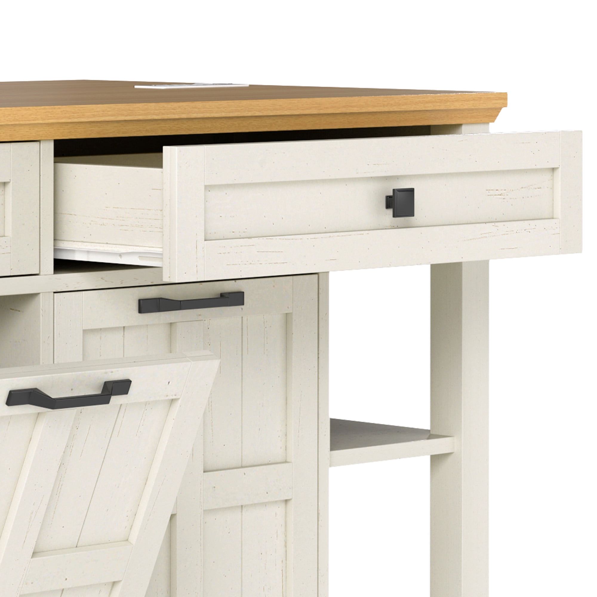 Craftian Kitchen Island with Power Outlets & Drop Leaf, Kitchen Island Cart with Trash Storage,White