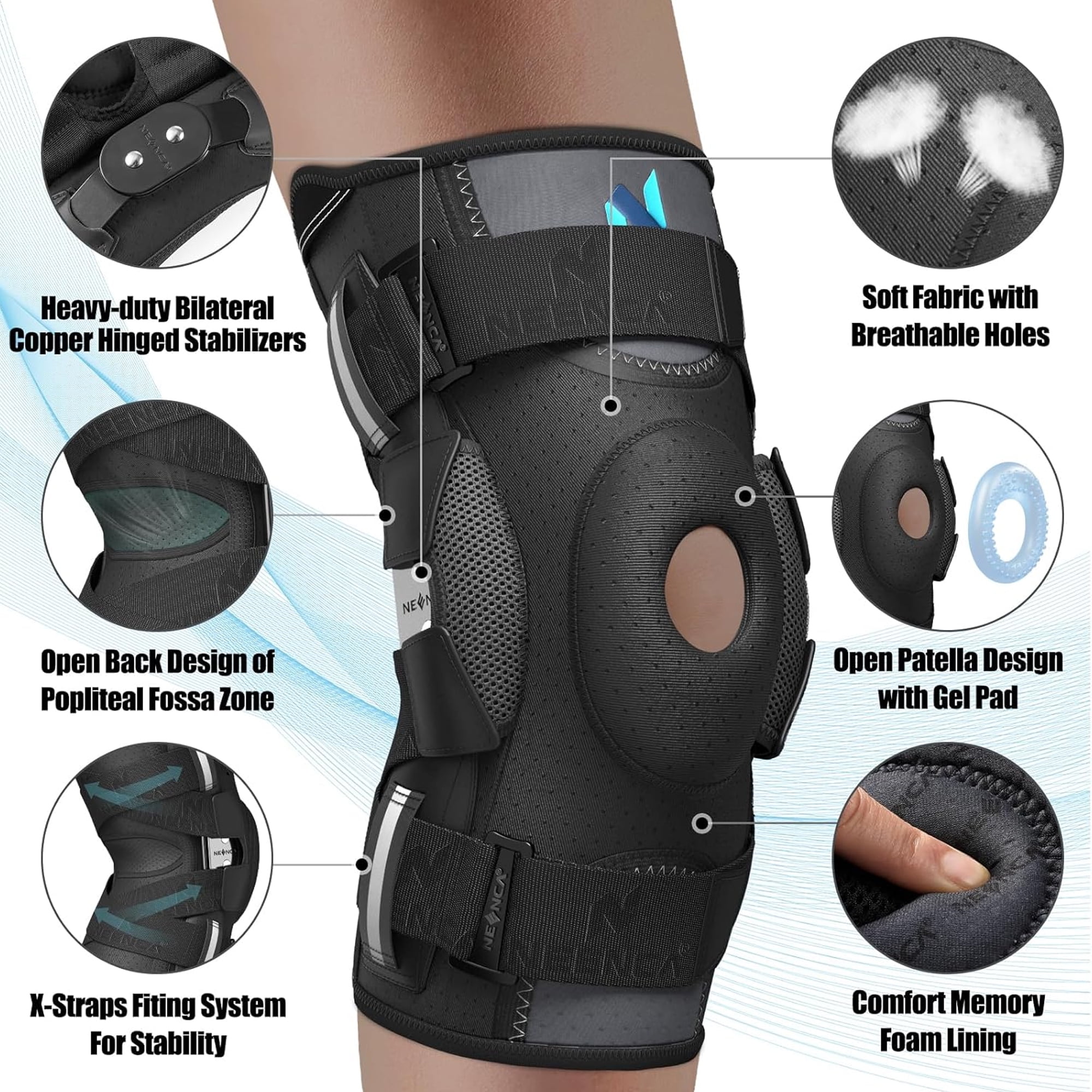 NEENCA Hinged Knee Brace with Patented X-Straps Fiting System,Knee Compression Sleeve Relieves Meniscus Tear,ACL,MCL,Knee Support and Knee Pain Relief,Men & Women-XL