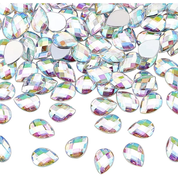 250 gemas acrílicas de diamantes de imitación en forma de lágrima de 18 x 13 mm con contenedor, adornos de joyas de color AB, cristales, joyas acrílicas con parte trasera plana.