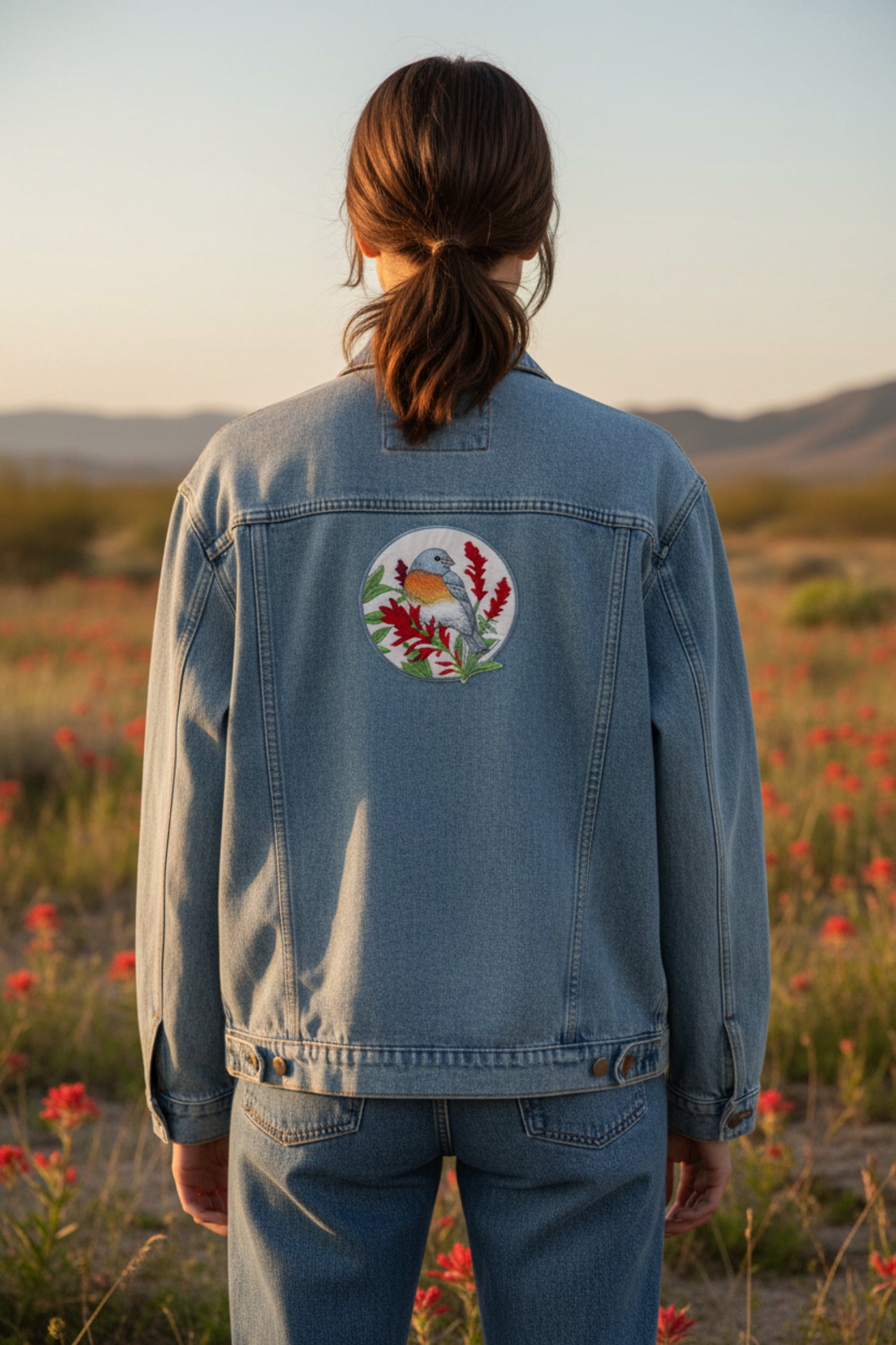 Lazuli Bunting And Indian Paintbrush Circle Embroidered Iron on patch [5" X 5"]