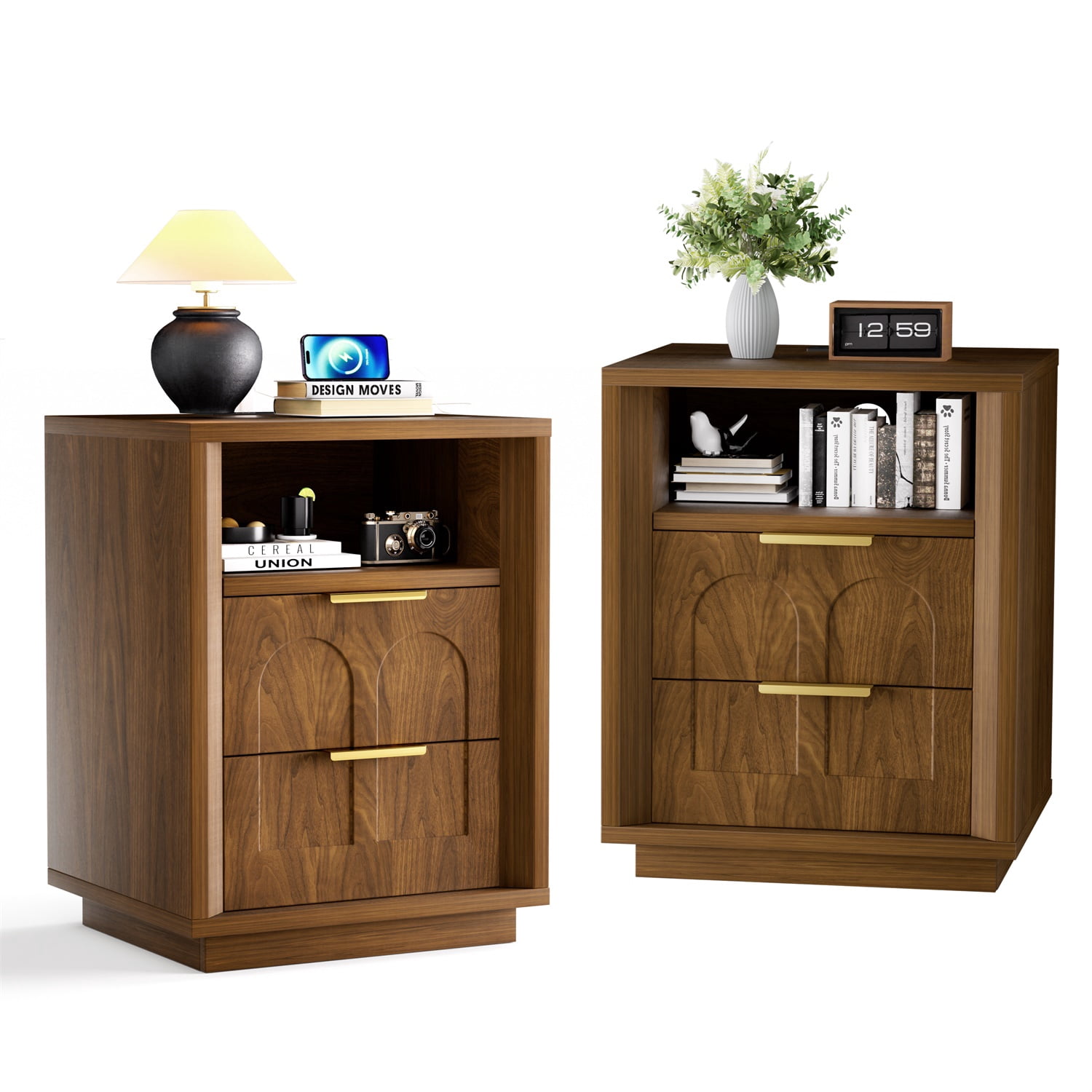 Hommoo 2-Pack Modern Nightstands with Built-in Type-C Charging Station, 2 AC Outlets & USB Port, Mid-Century Two-Drawer Bedside Tables for Bedroom, Living Room & Office, Walnut