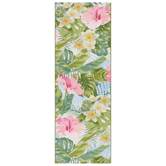 SAFAVIEH Barbados Floral Outdoor Runner Rug, Green/Pink, 2'8" x 10'5"