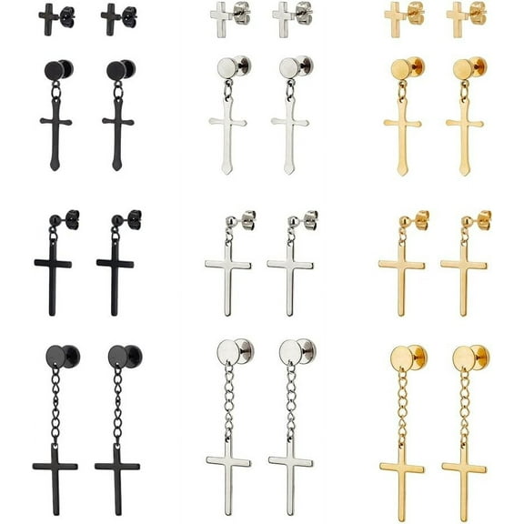 12 Pairs Cross Earrings Unisex Punk Dangle Stud Earrings Hip Hop Earrings Stainless Steel Hinged Dangle Cross Earrings for Men Women Mixed Color