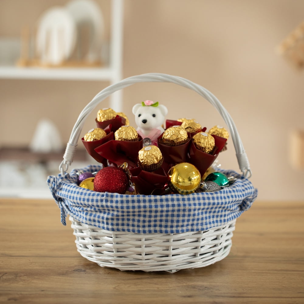 Traditional White Round Willow Gift Basket with Blue and White Gingham Liner and Sturdy Foldable Handles, Food Snacks Storage Basket, Small