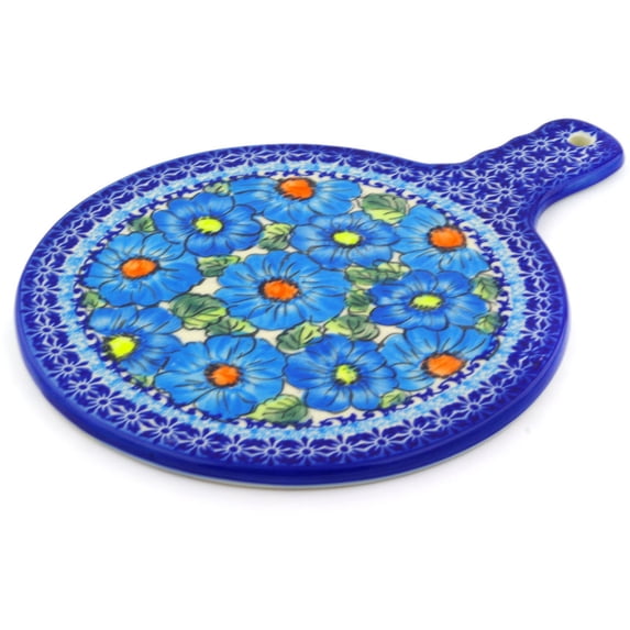 Polish Pottery 8½-inch Cutting Board (Bold Blue Poppies Theme) Signature UNIKAT Hand Painted in Boleslawiec, Poland + Certificate of Authenticity