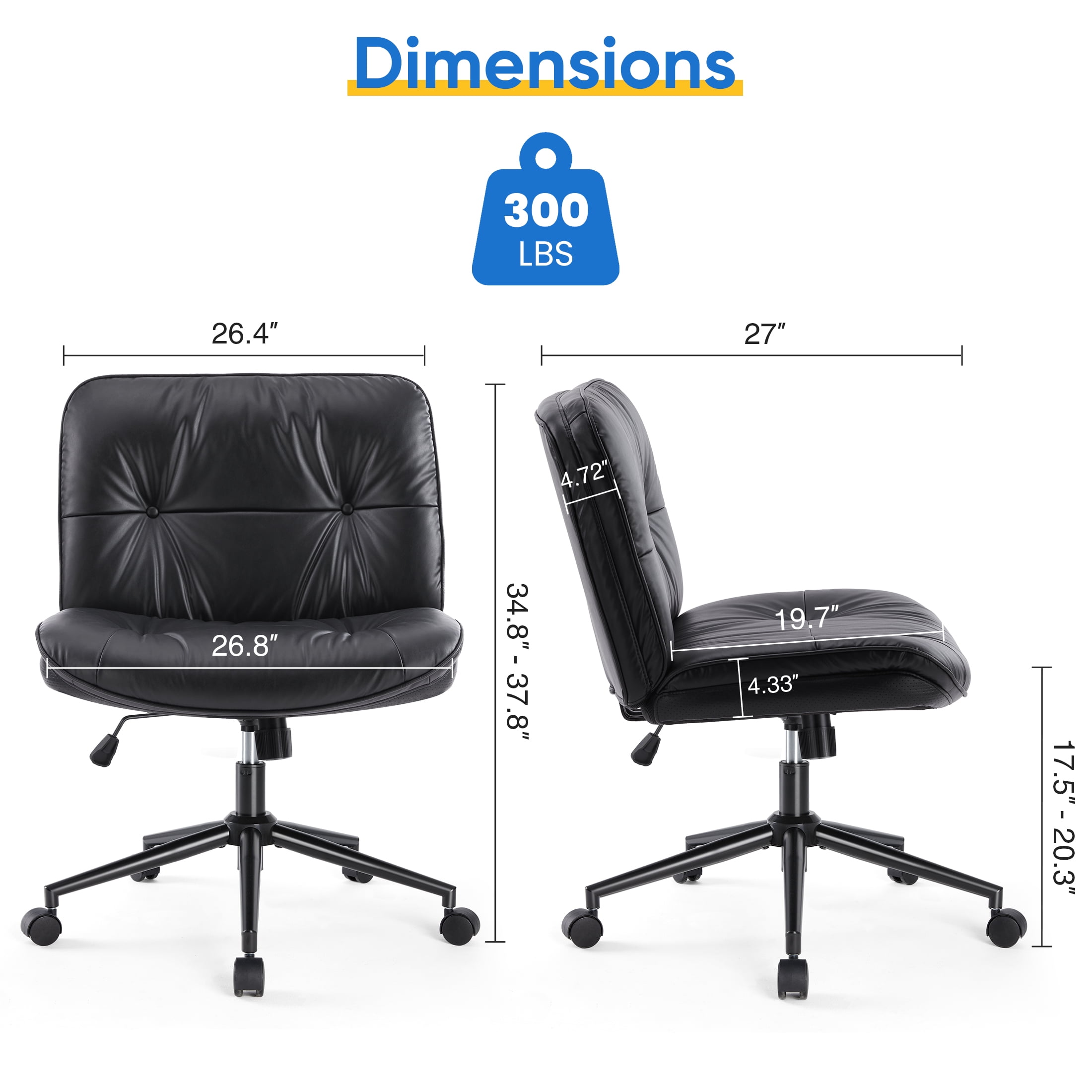 EDX Armless Office Chair with Wheels, Leather Upholstered Wide Seat Home Office Chair, 130° Rocking Mid Back Computer Chair, Perfect for Office, Bedroom, and Makeup, Black