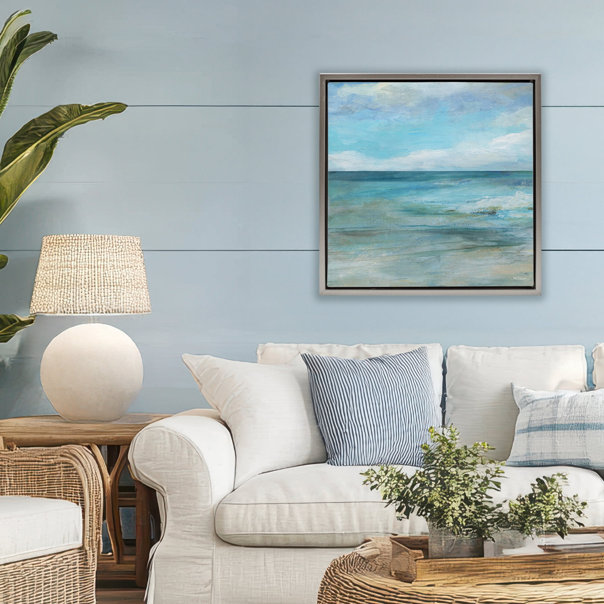 Stupell Industries Aqua Ocean Horizon Abstract Gray Framed Floater Canvas Wall Art, design by Carol Robinson