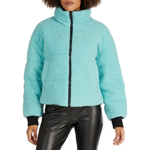 NVLT Cropped Berber Faux Down Puffer Jacket with Contrast Collar